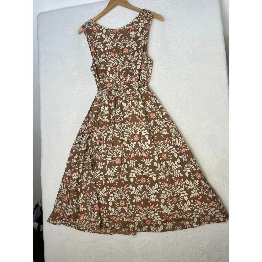 VTG Merona Brown Floral Birds Midi Whimsy Twee Cottage Cotton Dress sz 16 Party - Picture 5 of 10